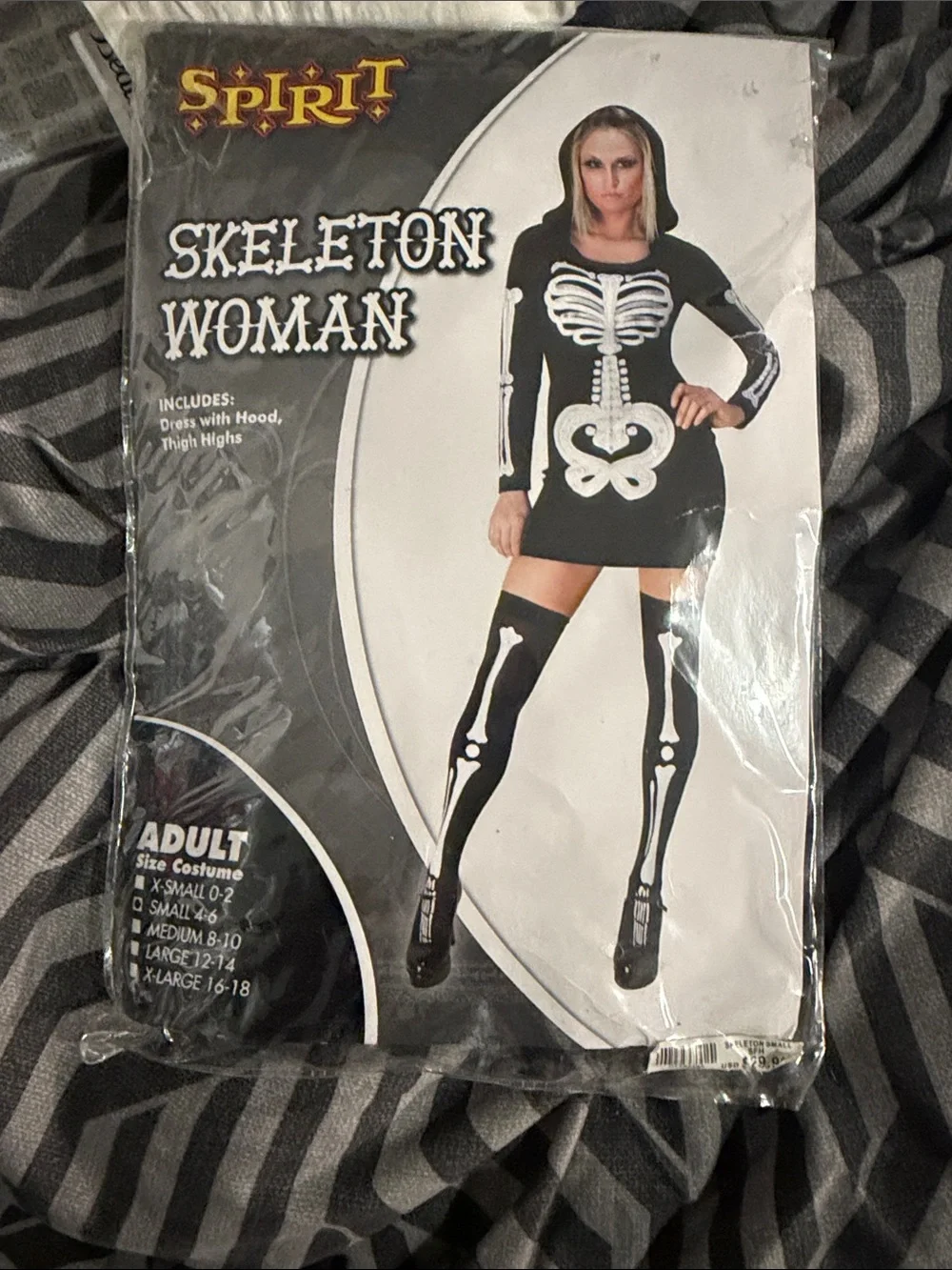Spirit Women's Black Skeleton Dress with Hood and Thigh-Highs brand new never ha